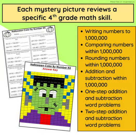4th Grade Halloween Math Activities Worksheets Coloring by Number Pages October
