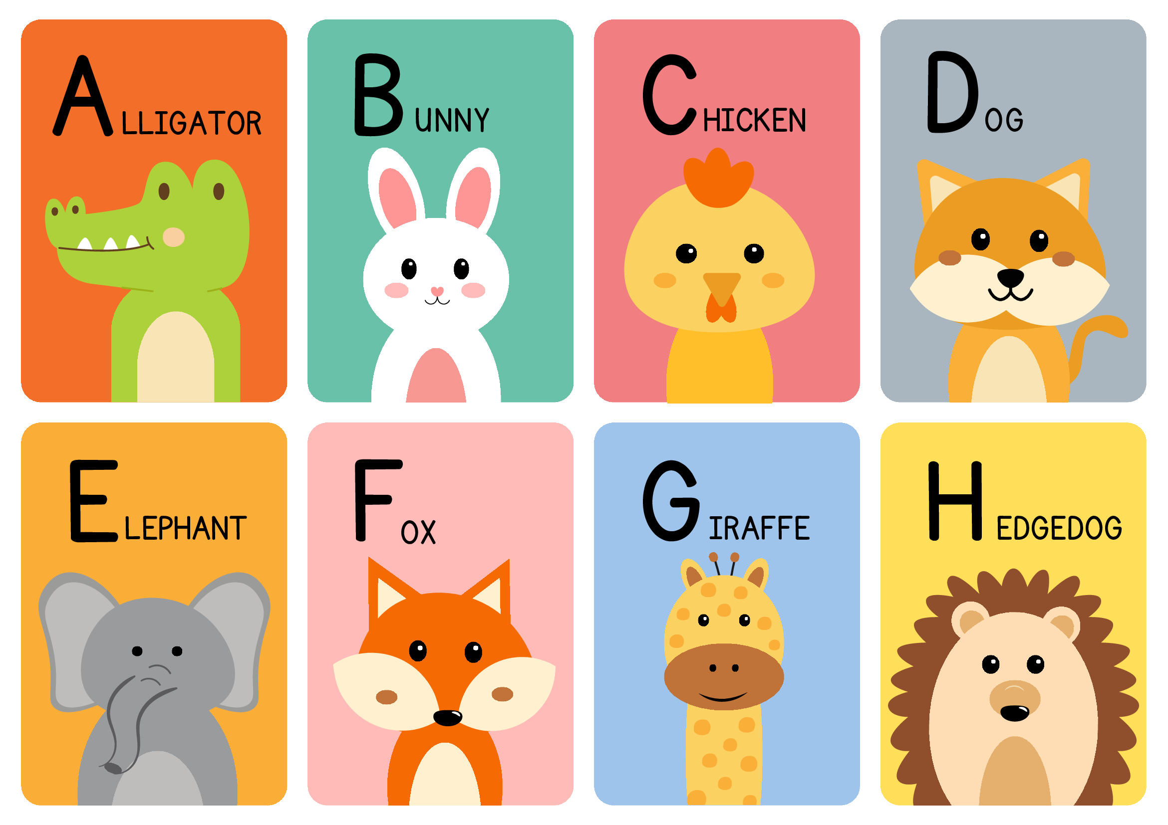 Alphabet Animals Flash Card in Orange Pink Blue Yellow Cute Colorful Simple Illustrative Style