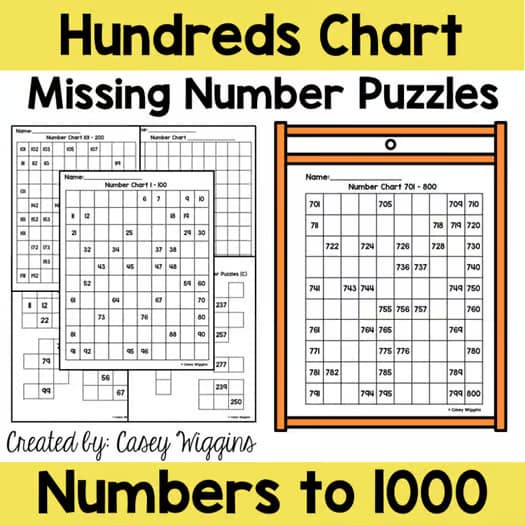 Hundreds Chart Missing Number Puzzles Numbers to 1000