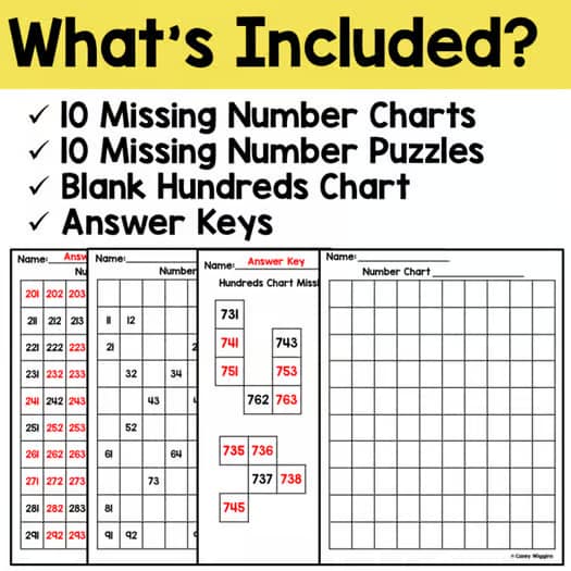 Hundreds Chart Missing Number Puzzles Numbers to 1000