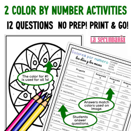 Months of the Year Spanish Days of the Week Color By Number Spanish 1 Activity