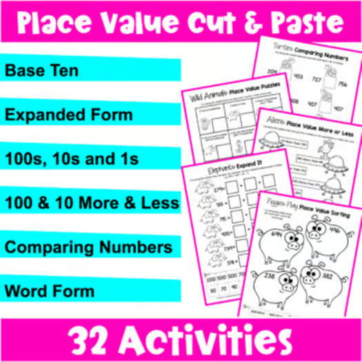 Place Value Worksheets to 1,000 - Cut & Paste Activities w/ Base Ten Blocks etc