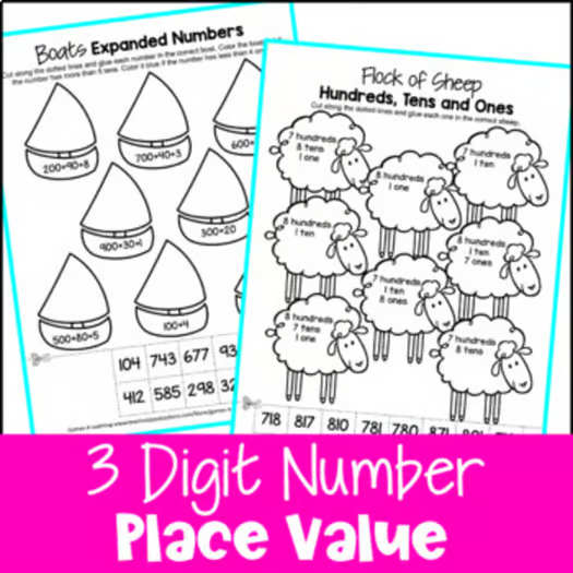 Place Value Worksheets to 1,000 - Cut & Paste Activities w/ Base Ten Blocks etc